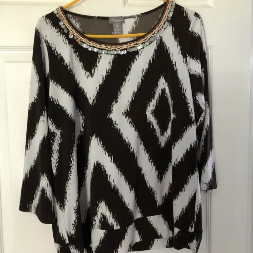 Chico's Travelers Size 2 Brown White Print 3/4 Sle